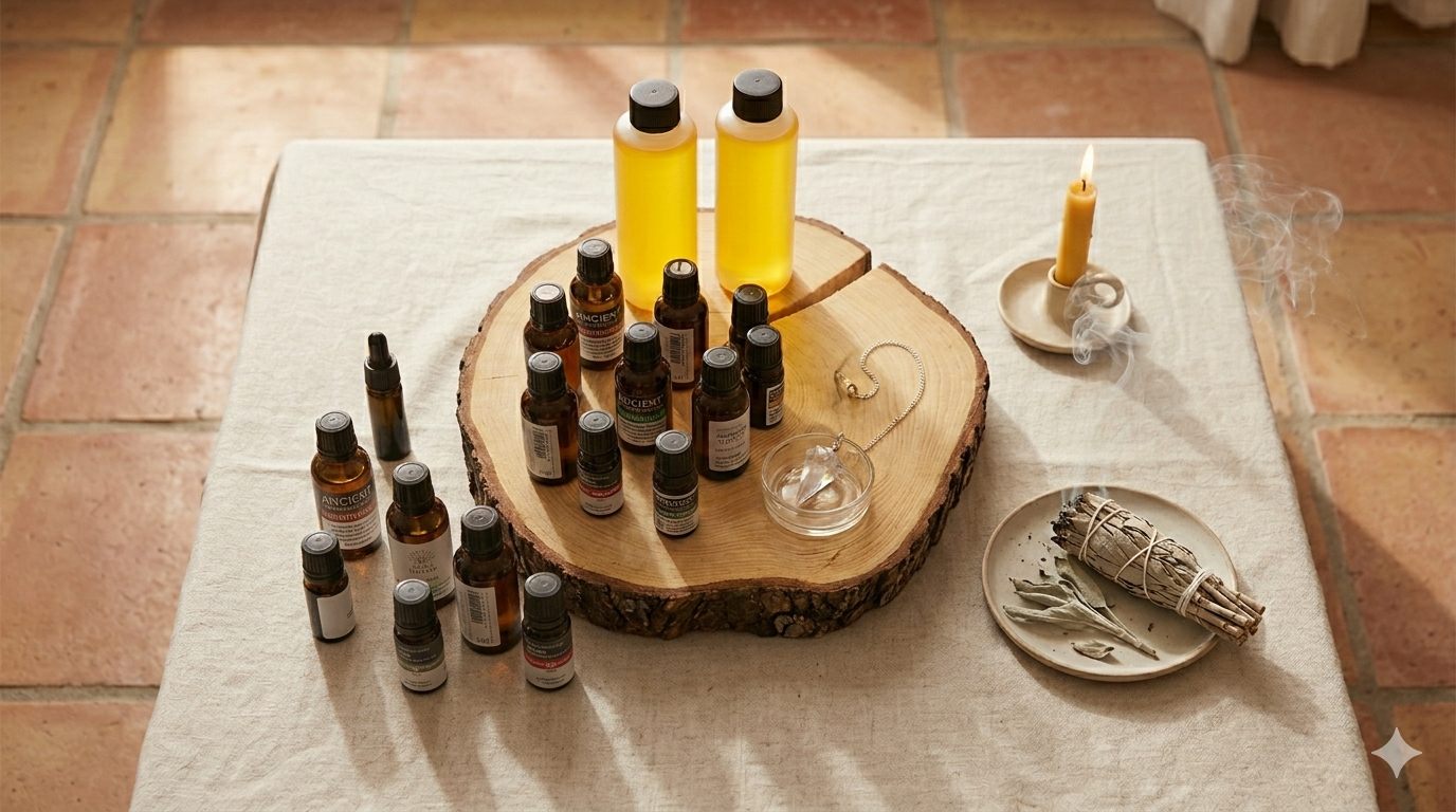 Altar ritual de Sol Sanador al terra amb sàlvia i pèndol